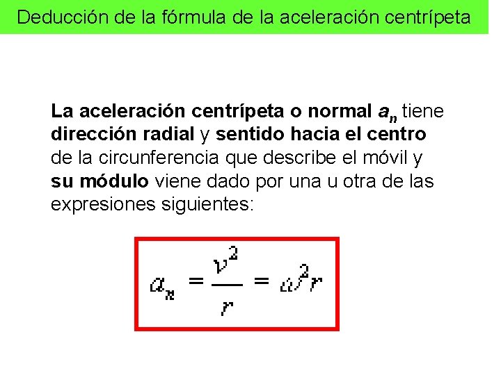 Deducción de la fórmula de la aceleración centrípeta La aceleración centrípeta o normal an