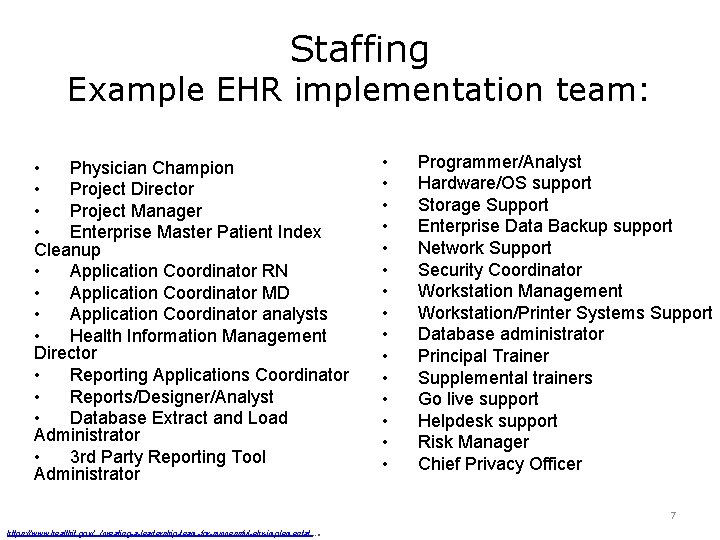 Staffing Example EHR implementation team: • Physician Champion • Project Director • Project Manager Staffing Example EHR implementation team: • Physician Champion • Project Director • Project Manager