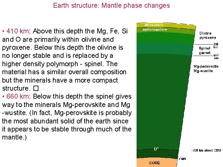 Earth structure: Mantle phase changes • 410 km: Above this depth the Mg, Fe,