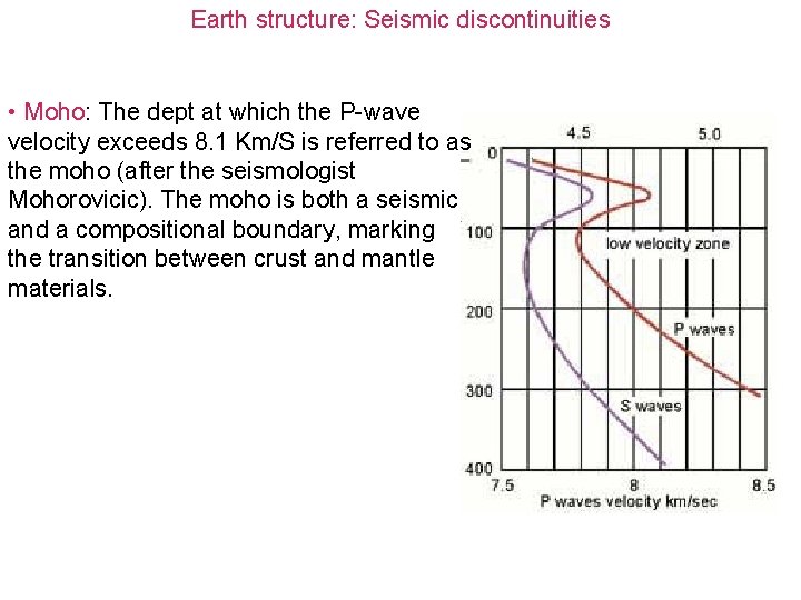 Earth structure: Seismic discontinuities • Moho: The dept at which the P-wave velocity exceeds