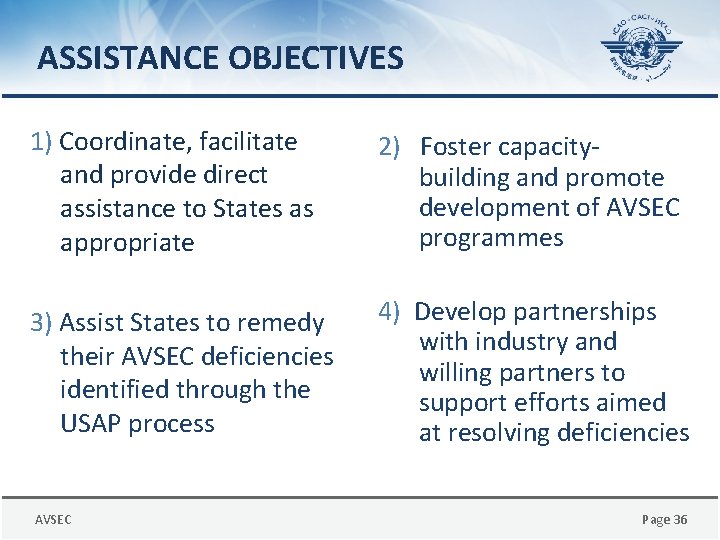 ASSISTANCE OBJECTIVES 1) Coordinate, facilitate and provide direct assistance to States as appropriate 2)