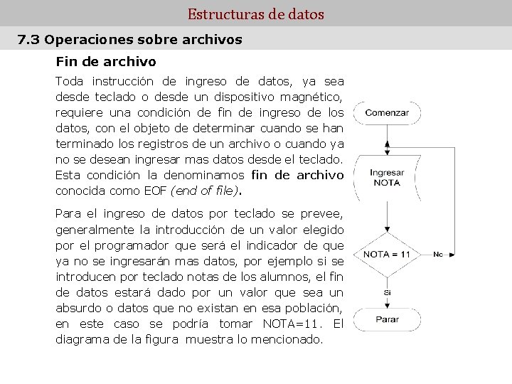 Estructuras de datos 7. 3 Operaciones sobre archivos Fin de archivo Toda instrucción de