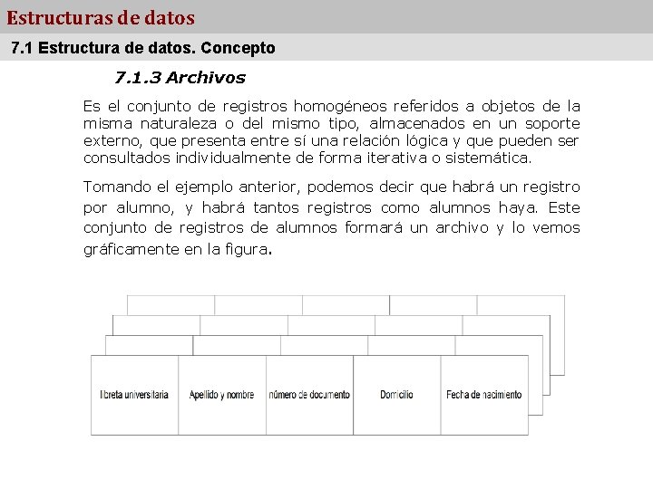 Estructuras de datos 7. 1 Estructura de datos. Concepto 7. 1. 3 Archivos Es