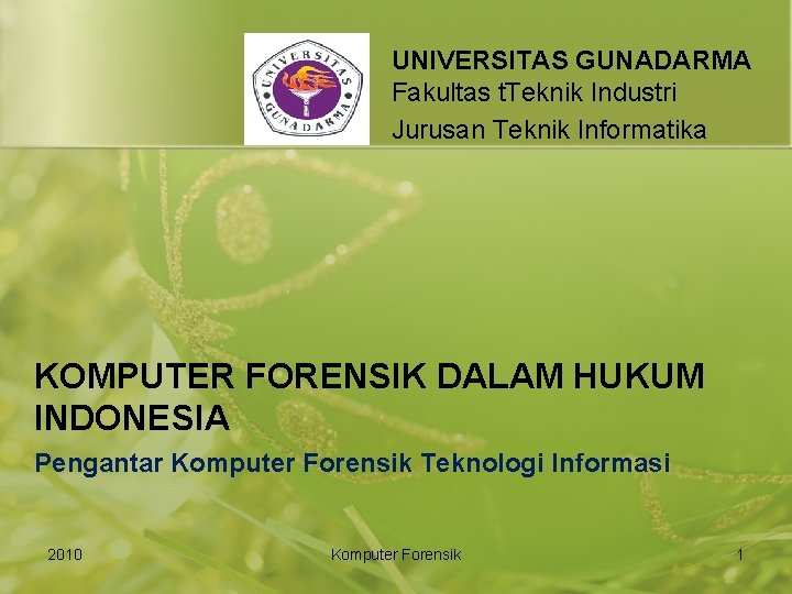 UNIVERSITAS GUNADARMA Fakultas t. Teknik Industri Jurusan Teknik Informatika KOMPUTER FORENSIK DALAM HUKUM INDONESIA