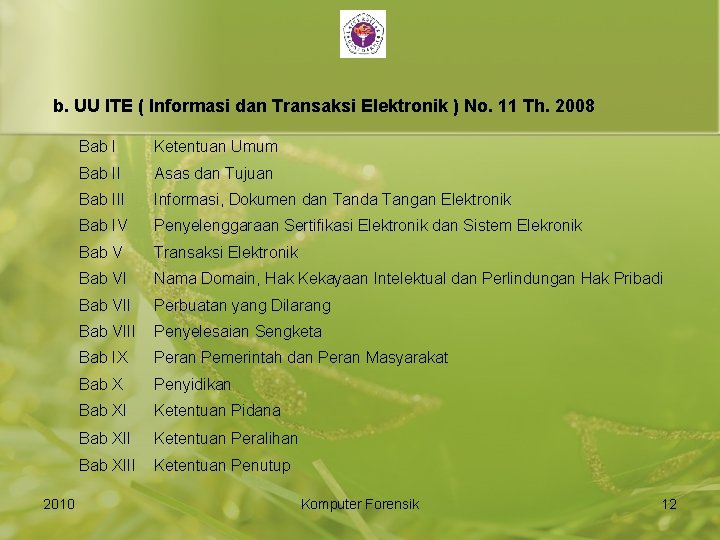 b. UU ITE ( Informasi dan Transaksi Elektronik ) No. 11 Th. 2008 2010
