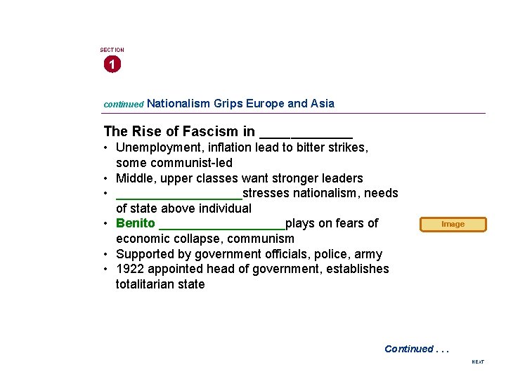 SECTION 1 continued Nationalism Grips Europe and Asia The Rise of Fascism in ______