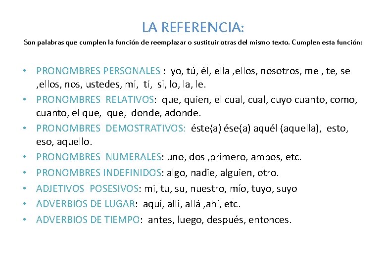 LA REFERENCIA: Son palabras que cumplen la función de reemplazar o sustituir otras del