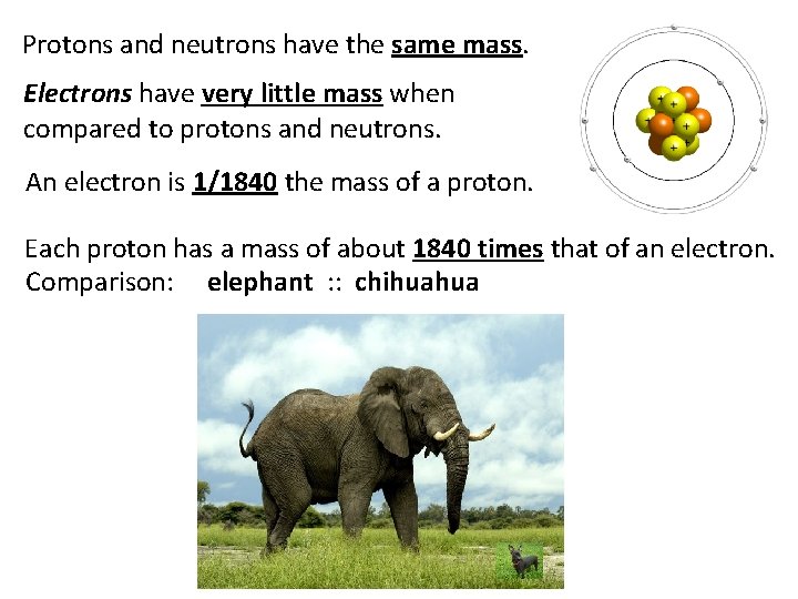 Protons and neutrons have the same mass. Electrons have very little mass when compared