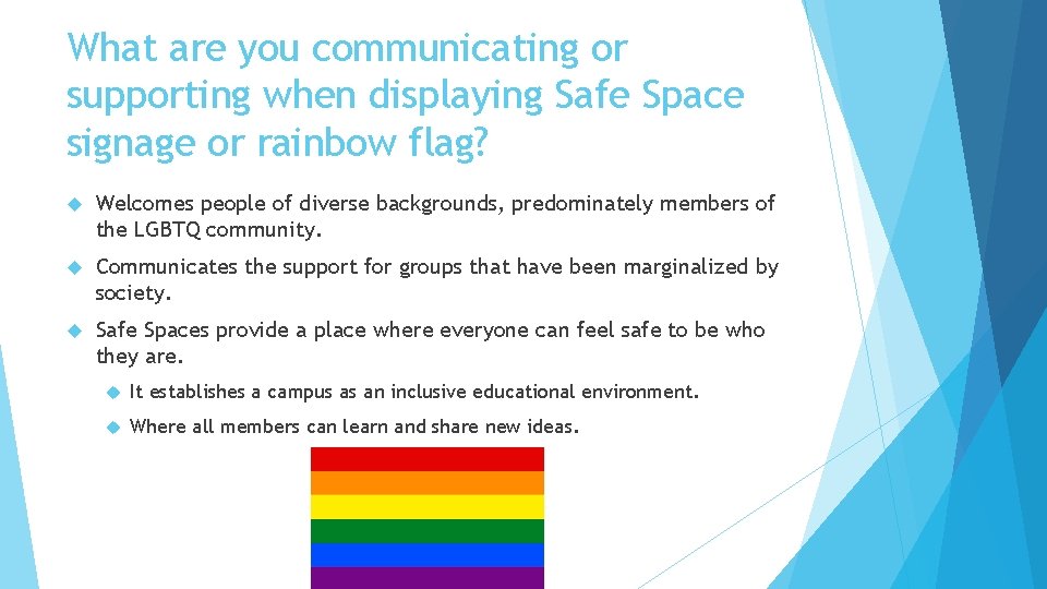 What are you communicating or supporting when displaying Safe Space signage or rainbow flag?