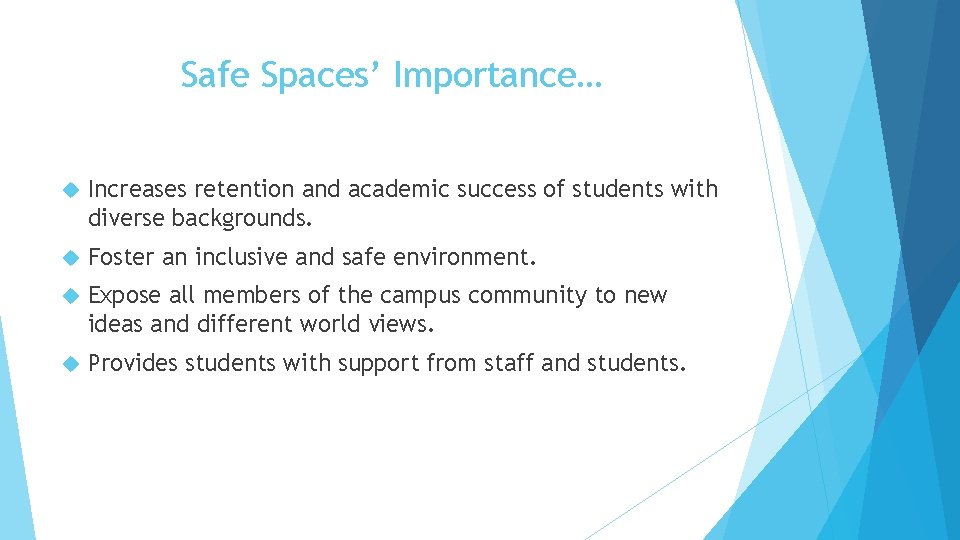 Safe Spaces’ Importance… Increases retention and academic success of students with diverse backgrounds. Foster