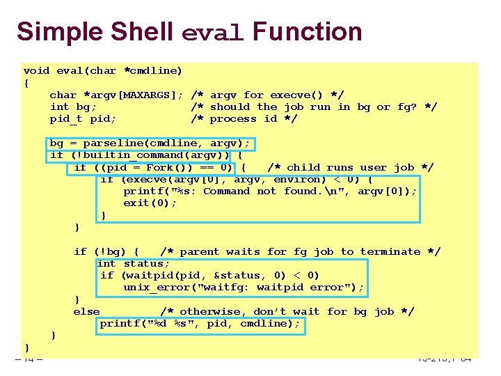 Simple Shell eval Function void eval(char *cmdline) { char *argv[MAXARGS]; /* argv for execve()