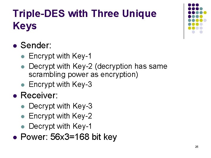 Triple-DES with Three Unique Keys l Sender: l l Receiver: l l Encrypt with