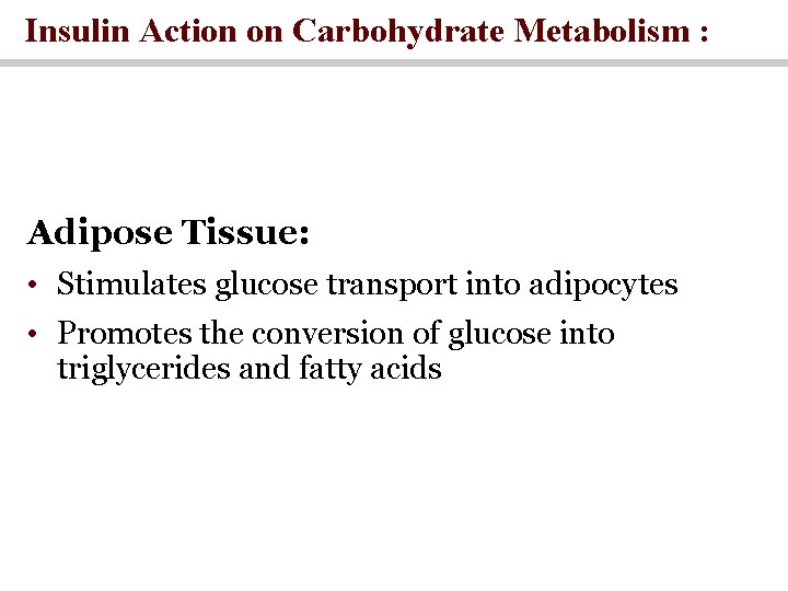 Insulin Action on Carbohydrate Metabolism : Adipose Tissue: • Stimulates glucose transport into adipocytes
