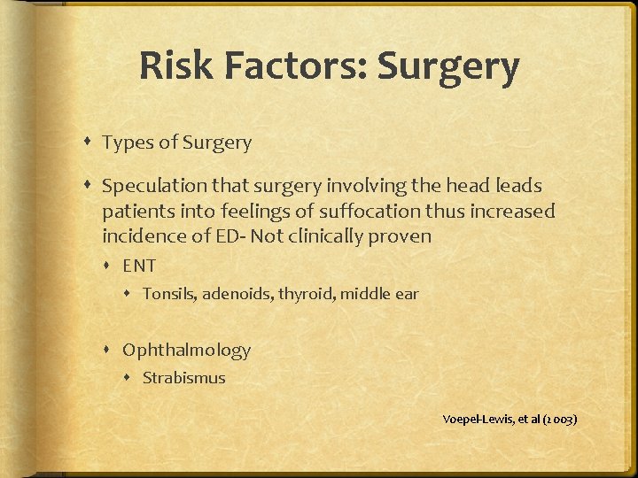 Risk Factors: Surgery Types of Surgery Speculation that surgery involving the head leads patients