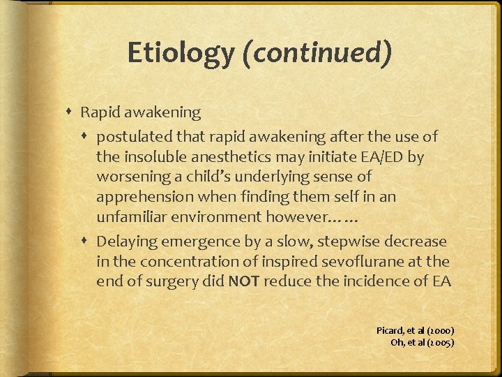 Etiology (continued) Rapid awakening postulated that rapid awakening after the use of the insoluble