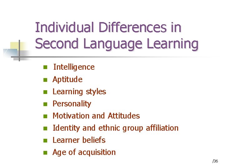 Individual Differences in Second Language Learning n Intelligence n Aptitude Learning styles n n