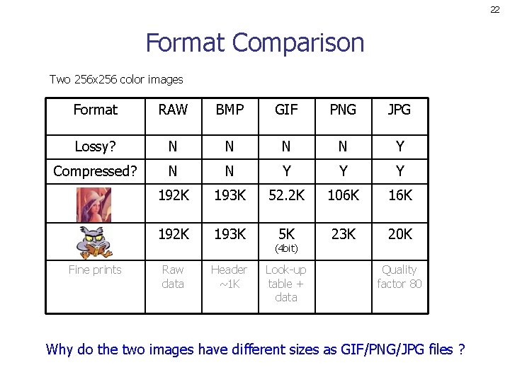 22 Format Comparison Two 256 x 256 color images Format RAW BMP GIF PNG