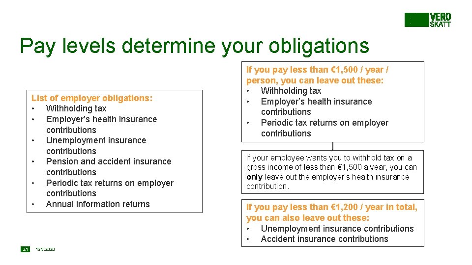 Pay levels determine your obligations List of employer obligations: • Withholding tax • Employer’s