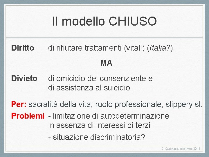 Il modello CHIUSO Diritto di rifiutare trattamenti (vitali) (Italia? ) MA Divieto di omicidio