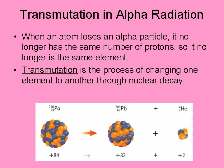 Transmutation in Alpha Radiation • When an atom loses an alpha particle, it no
