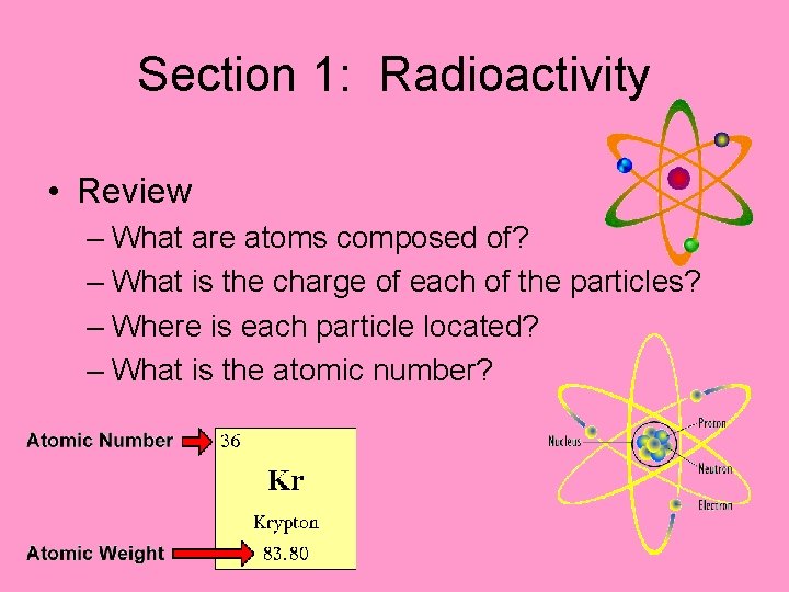 Section 1: Radioactivity • Review – What are atoms composed of? – What is