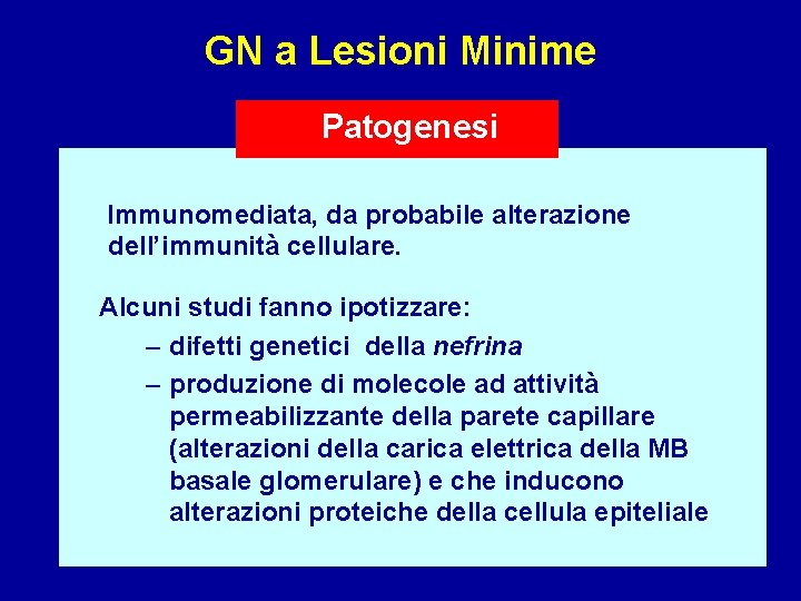 GN a Lesioni Minime Patogenesi Immunomediata, da probabile alterazione dell’immunità cellulare. Alcuni studi fanno