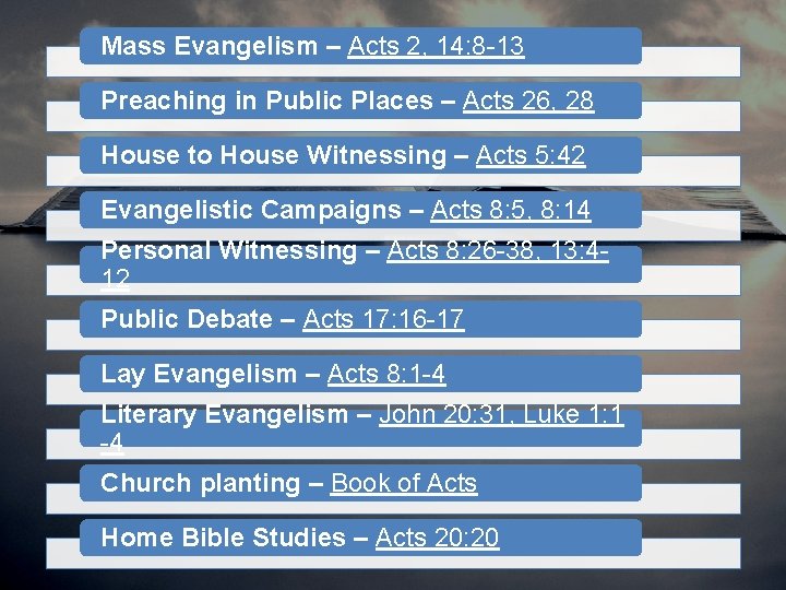 Mass Evangelism – Acts 2, 14: 8 -13 Preaching in Public Places – Acts