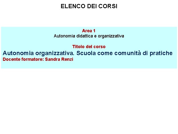 ELENCO DEI CORSI Area 1 Autonomia didattica e organizzativa Titolo del corso Autonomia organizzativa.