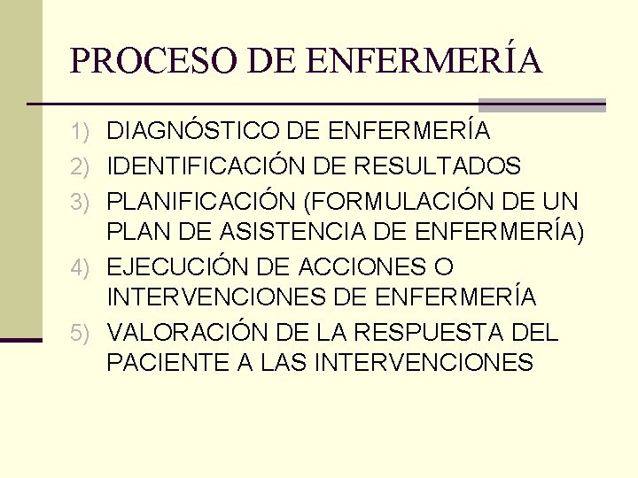 PROCESO DE ENFERMERÍA 1) DIAGNÓSTICO DE ENFERMERÍA 2) IDENTIFICACIÓN DE RESULTADOS 3) PLANIFICACIÓN (FORMULACIÓN