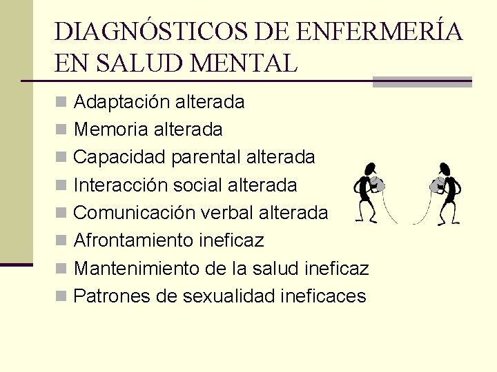 DIAGNÓSTICOS DE ENFERMERÍA EN SALUD MENTAL n Adaptación alterada n Memoria alterada n Capacidad