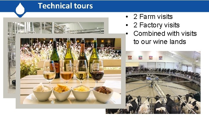 Technical tours • 2 Farm visits • 2 Factory visits • Combined with visits Technical tours • 2 Farm visits • 2 Factory visits • Combined with visits