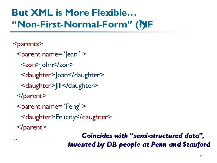 But XML is More Flexible… 2) “Non-First-Normal-Form” (NF <parents> <parent name=“Jean” > <son>John</son> <daughter>Joan</daughter> But XML is More Flexible… 2) “Non-First-Normal-Form” (NF <parents> <parent name=“Jean” > <son>John</son> <daughter>Joan</daughter>