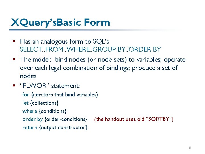 XQuery’s. Basic Form § Has an analogous form to SQL’s SELECT. . FROM. . XQuery’s. Basic Form § Has an analogous form to SQL’s SELECT. . FROM. .
