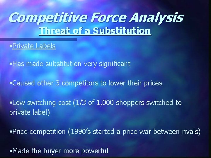 Competitive Force Analysis Threat of a Substitution §Private Labels §Has made substitution very significant