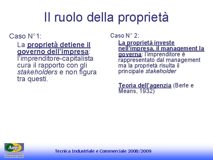 Il ruolo della proprietà Caso N° 1: La proprietà detiene il governo dell’impresa: l’imprenditore-capitalista