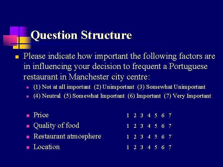 Question Structure n Please indicate how important the following factors are in influencing your