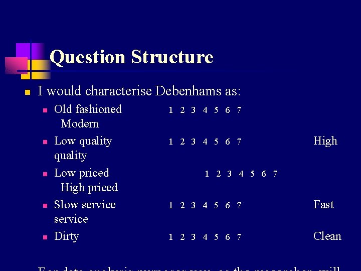 Question Structure n I would characterise Debenhams as: n n n Old fashioned Modern