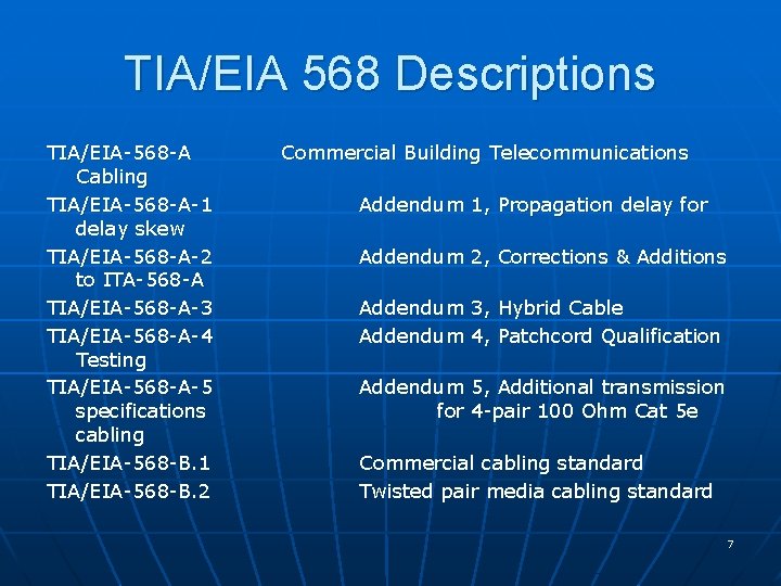 TIA/EIA 568 Descriptions TIA/EIA-568 -A Cabling TIA/EIA-568 -A-1 delay skew TIA/EIA-568 -A-2 to ITA-568 TIA/EIA 568 Descriptions TIA/EIA-568 -A Cabling TIA/EIA-568 -A-1 delay skew TIA/EIA-568 -A-2 to ITA-568
