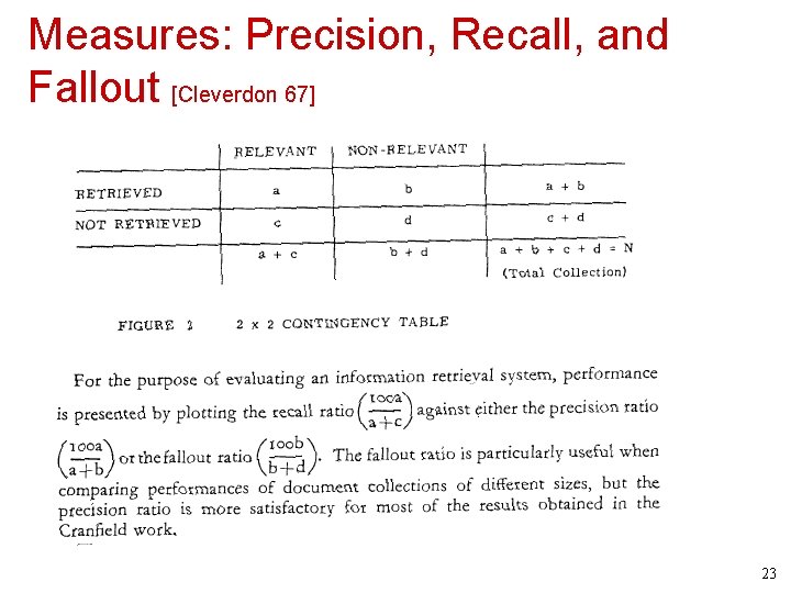 Measures: Precision, Recall, and Fallout [Cleverdon 67] 23 