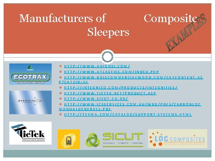 Manufacturers of Sleepers Composite v HTTP: //WWW. AXIONSI. COM/ v HTTP: //WWW. ATLASTIES. COM/INDEX.