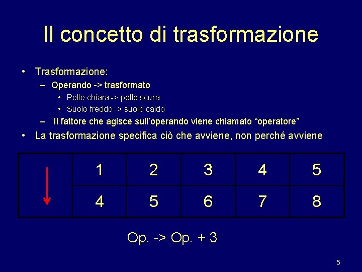 Il concetto di trasformazione • Trasformazione: – Operando -> trasformato • Pelle chiara ->