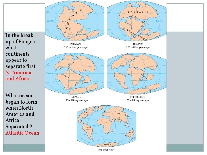 In the break up of Pangea, what continents appear to separate first N. America