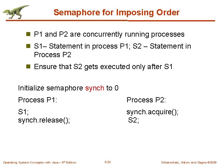 Semaphore for Imposing Order n P 1 and P 2 are concurrently running processes