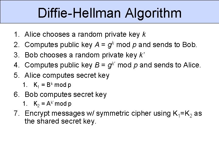 Diffie-Hellman Algorithm 1. 2. 3. 4. 5. Alice chooses a random private key k