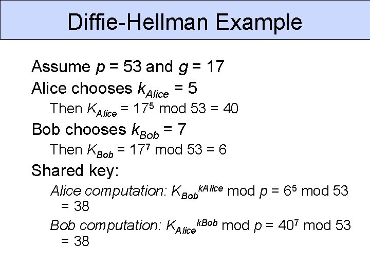 Diffie-Hellman Example Assume p = 53 and g = 17 Alice chooses k. Alice