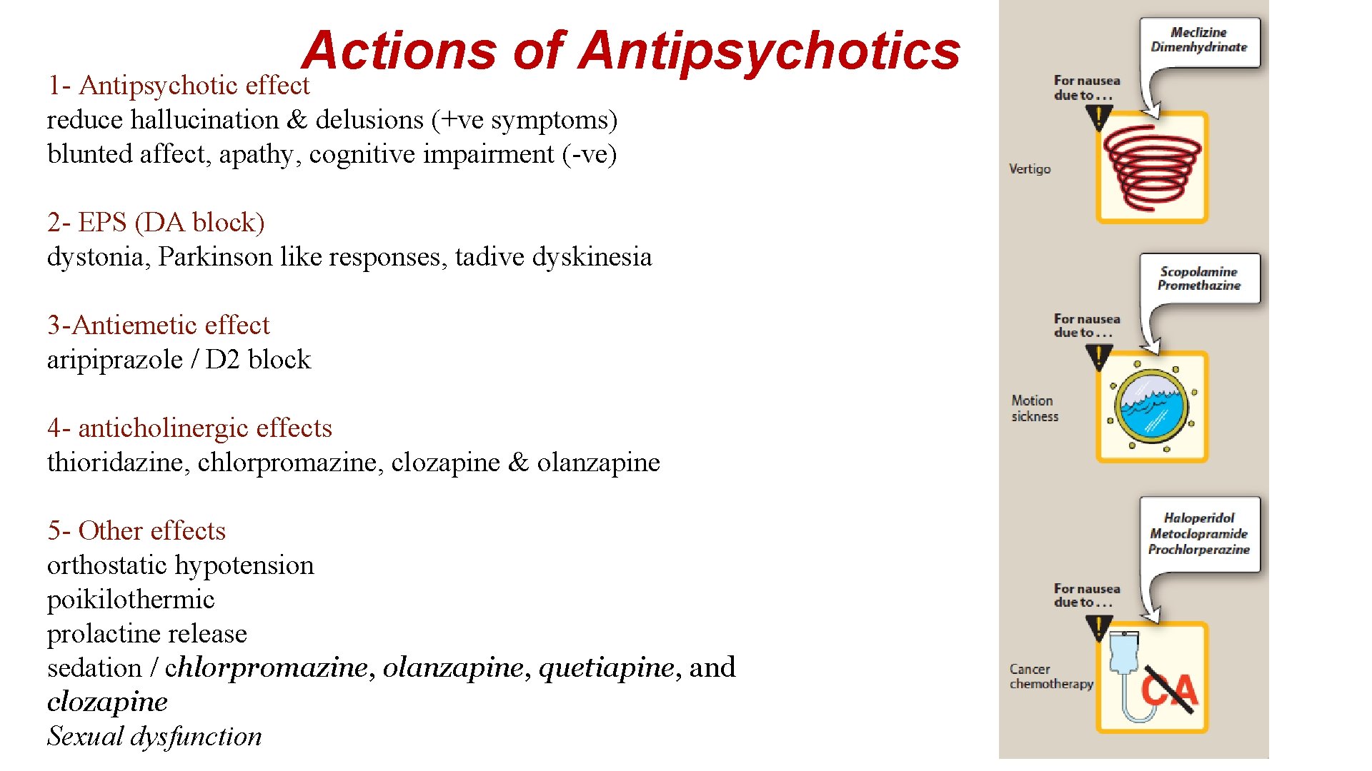 Actions of Antipsychotics 1 - Antipsychotic effect reduce hallucination & delusions (+ve symptoms) blunted