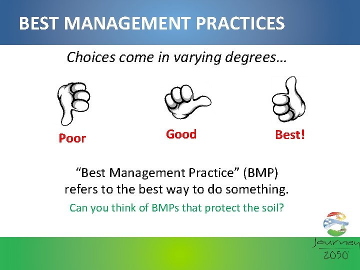 BEST MANAGEMENT PRACTICES Choices come in varying degrees… Poor Good Best! “Best Management Practice”