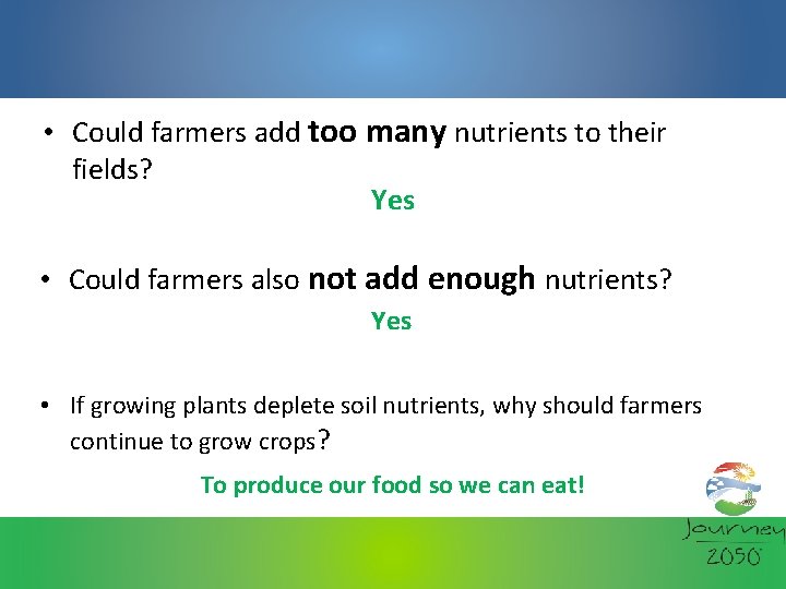  • Could farmers add too many nutrients to their fields? Yes • Could