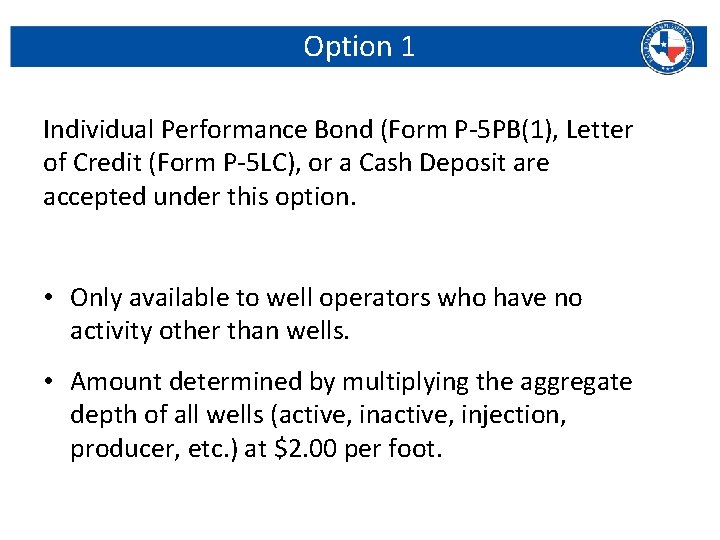 Option 1 Individual Performance Bond (Form P-5 PB(1), Letter of Credit (Form P-5 LC),