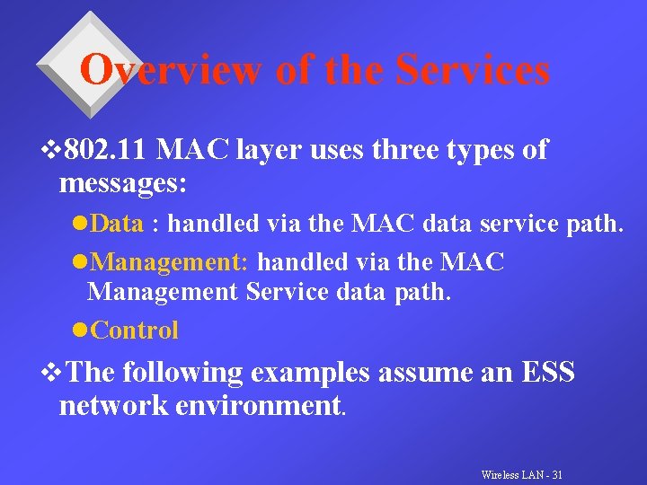 Overview of the Services v 802. 11 MAC layer uses three types of messages: